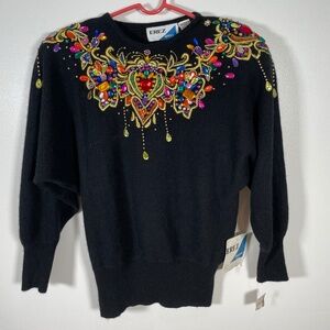 VTG EREZ Sport Bejeweled Black Lambswool Angora Sweater NEW Size M